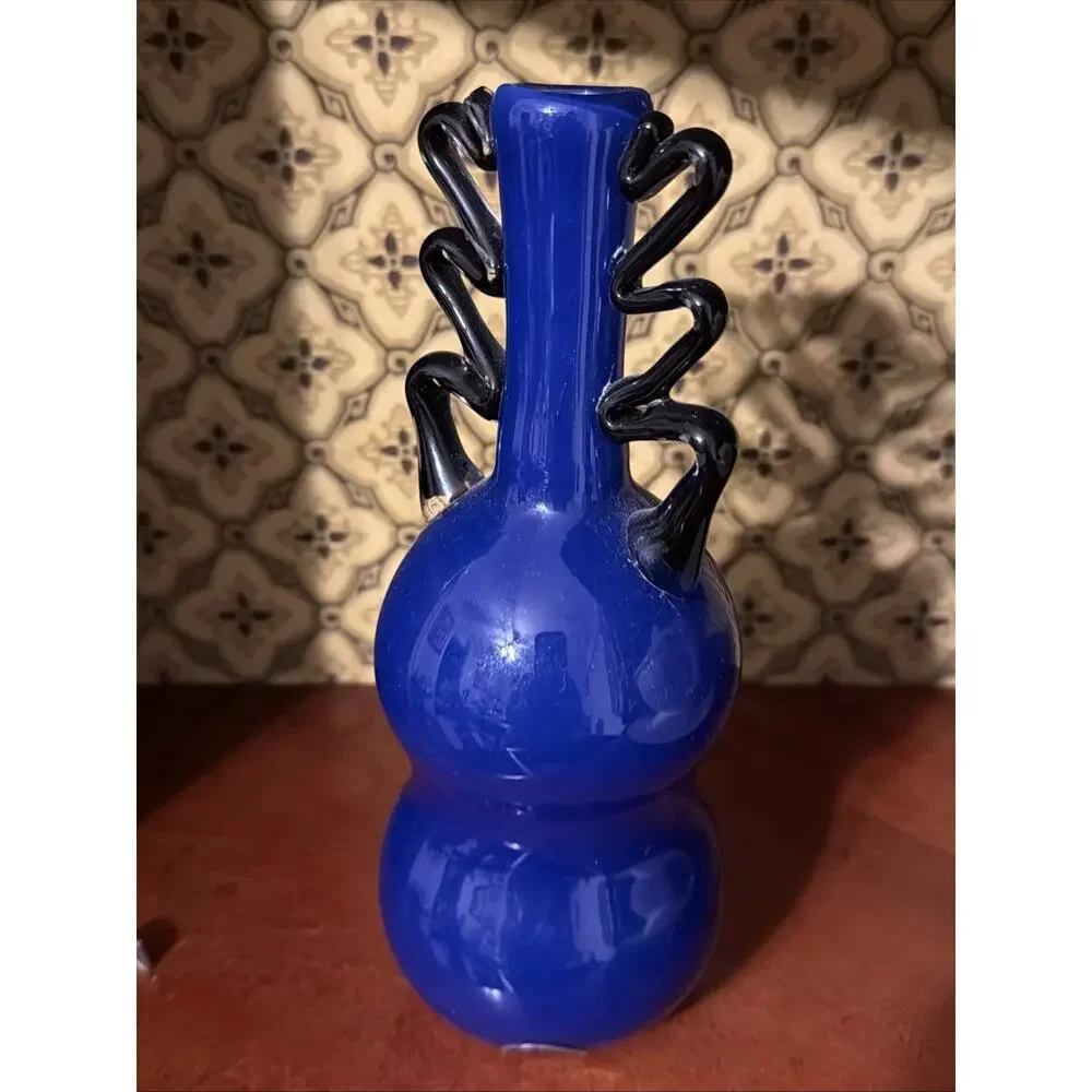 Fantastic Garcia art glass bud vase, signed Garcia Dark Blue & Black 8 1/2 Inch‎